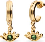 UNODE50 18K Gold-Plated Hoop Earrings with Eye Detail with Green Crystal