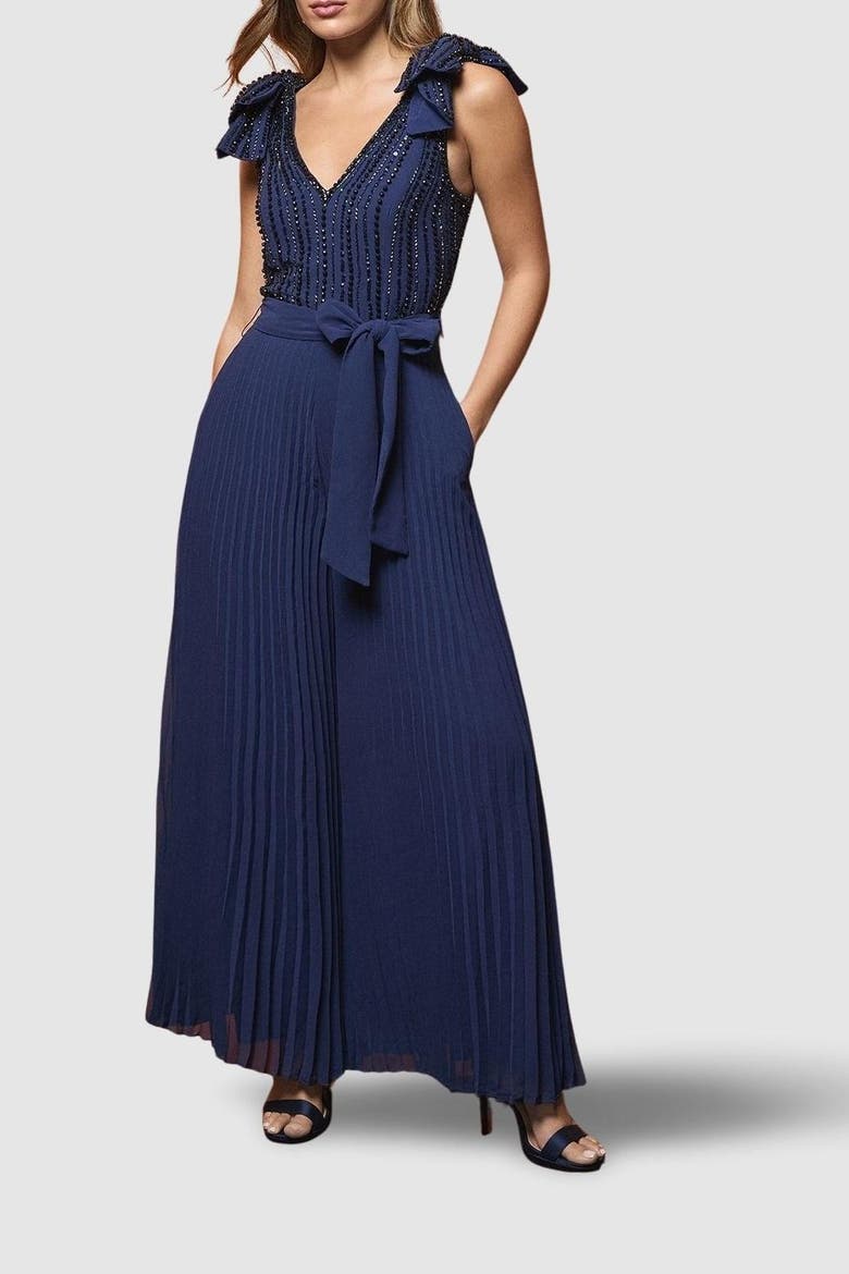 Embellished Bow Shoulder Jumpsuit, Alternate, color, Navy