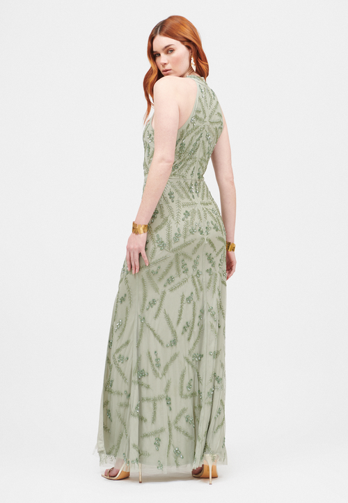 Beauut Embellished Sequin Beaded Halter Neck Gown In Sage Green