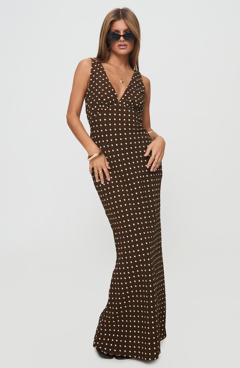 Princess Polly Nellie Polka Dot Maxi Dress, Alternate, color, Brown Polka Dot