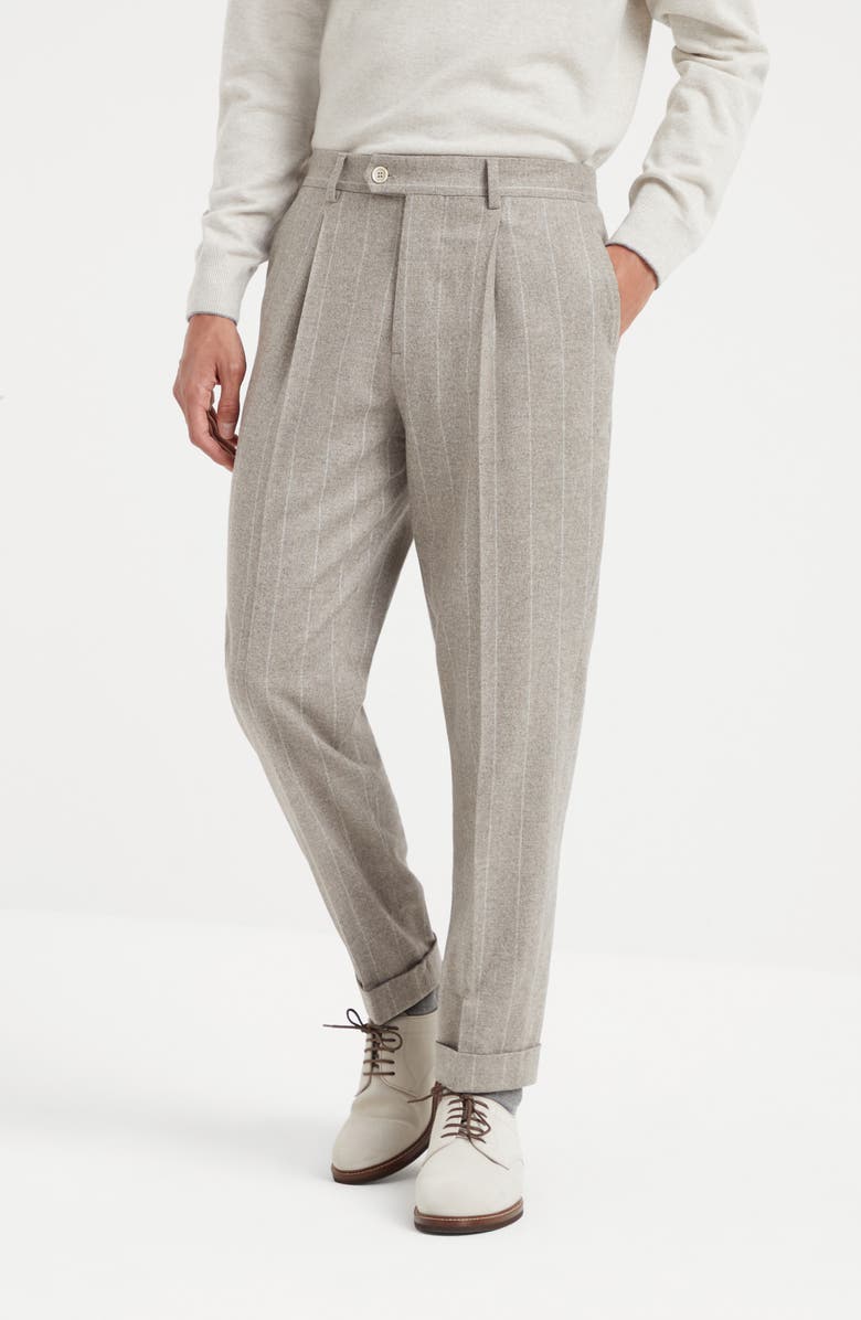 Brunello Cucinelli Wool and cashmere wide chalk stripe combed flannel leisure fit trousers with pleat, Alternate, color, 