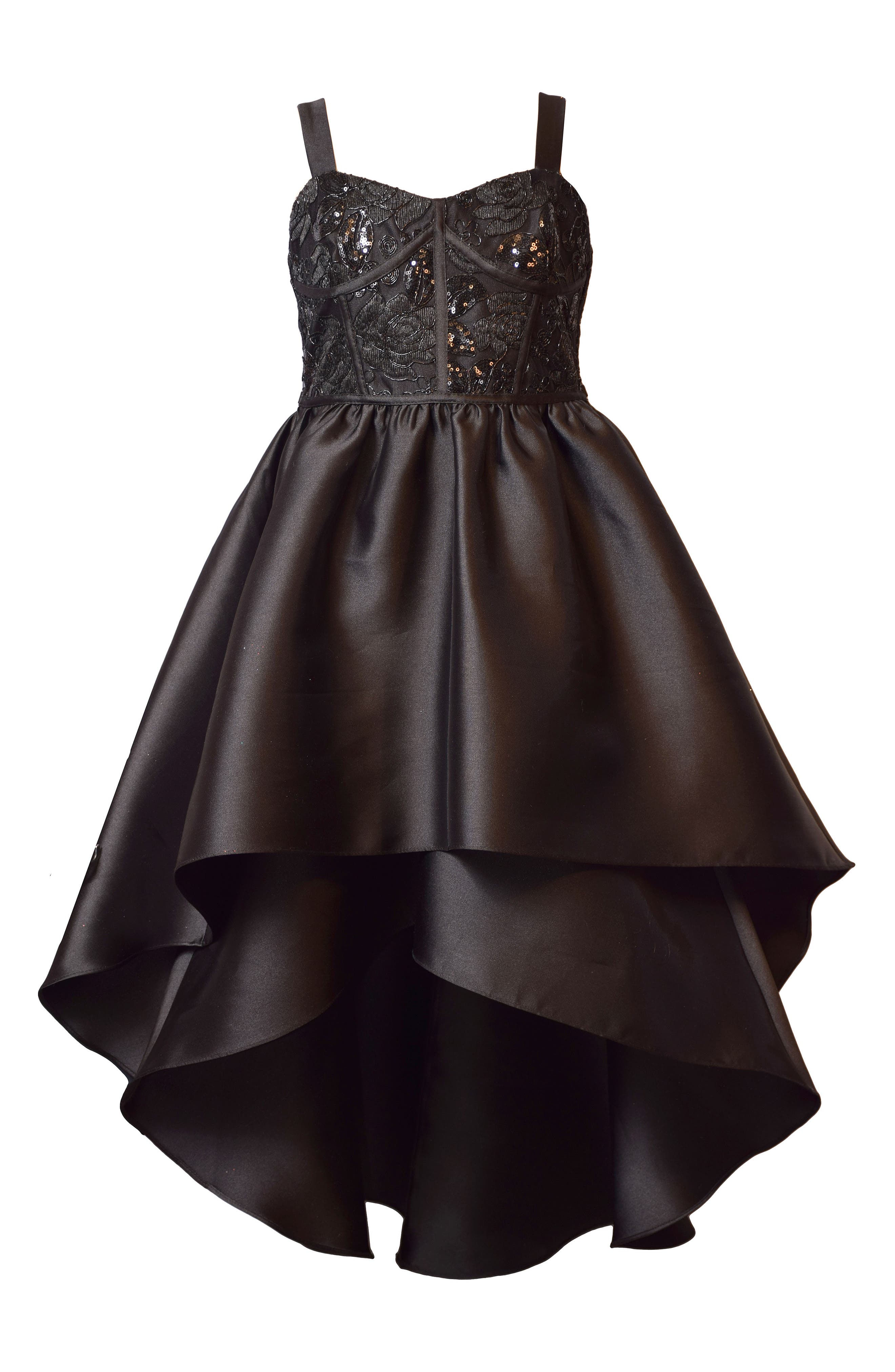 Iris & Ivy Kids' Seamed Bodice Tiered High-Low Party Dress in Black 