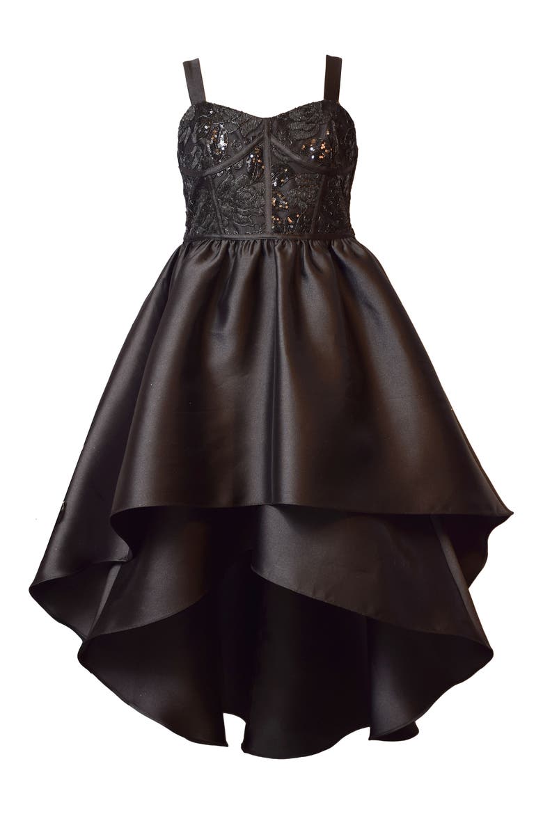 Kids' Seamed Bodice Tiered High-Low Party Dress, Main, color, BLACK