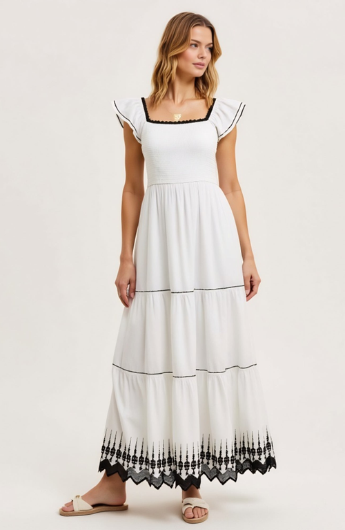 Modenaire Smocked Bodice Tiered Maxi Dress With Flutter Sleeves And Embroidered Hem In White