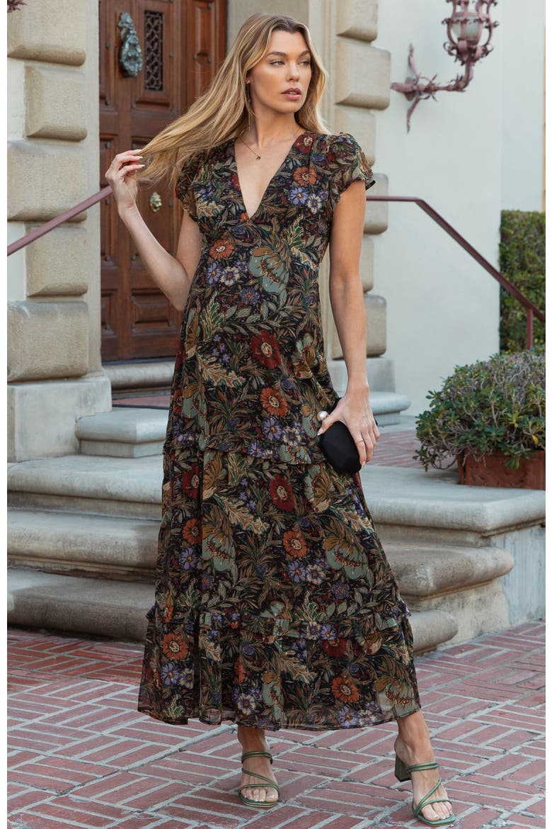 Floral Deep V-Neck Tiered Maxi Dress, Alternate, color, Black