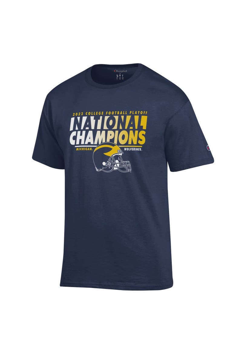 Men's Champion Navy Michigan Wolverines College Football Playoff 2023 National Champions Helmet T-Shirt, Alternate, color, Navy