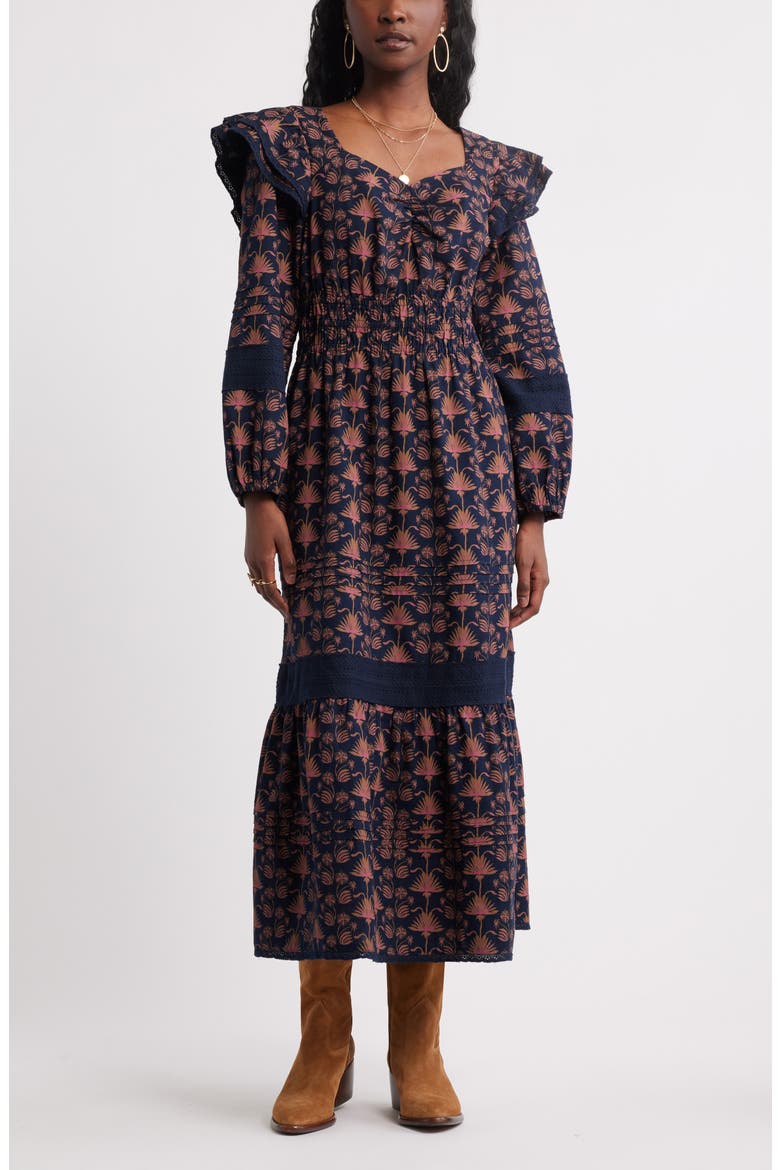 Double Ruffle Long Sleeve Maxi Dress, Main, color, NAVY- PINK PALM GEO