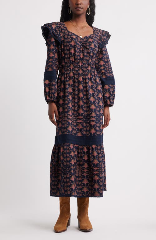 Treasure & Bond Double Ruffle Long Sleeve Maxi Dress In Brown