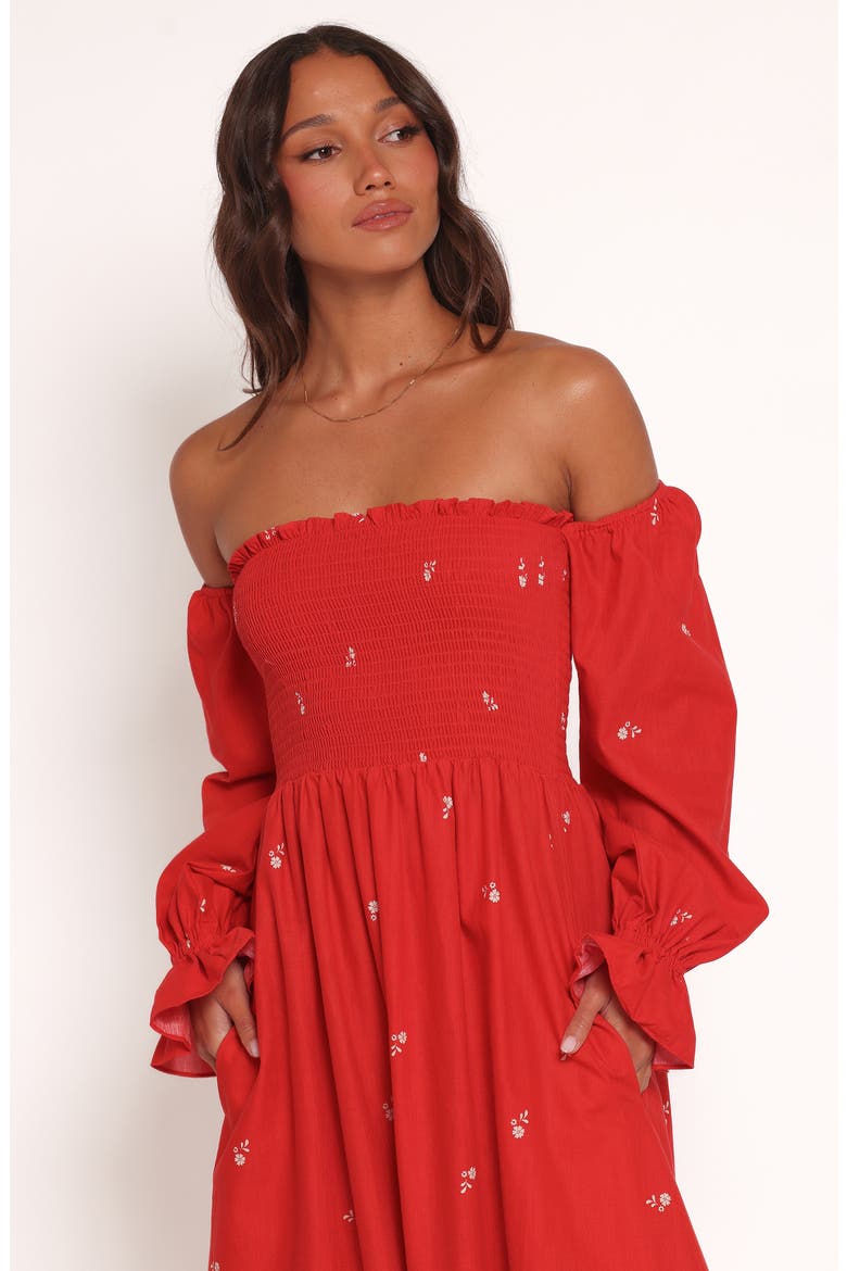 Domenica Smocked Off the Shoulder Linen & Cotton Midi Dress, Alternate, color, RED FLORAL BANDANA