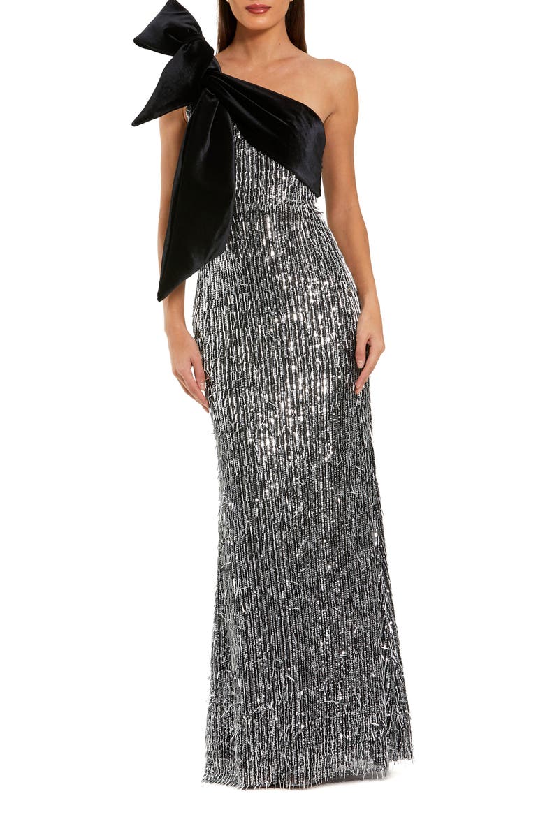 One Shoulder Embellished Sequin Gown With Bow, Main, color, Black Silver