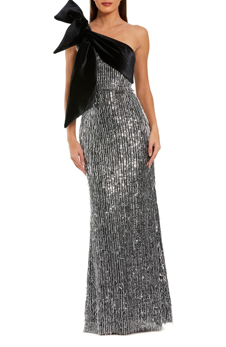 Mac Duggal One Shoulder Embellished Sequin Gown With Bow, Main, color, Black Silver