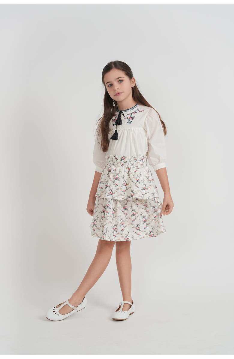 Space Grey Floral Emboidered Woven Long Sleeve Top and Skirt Set, Alternate, color, White