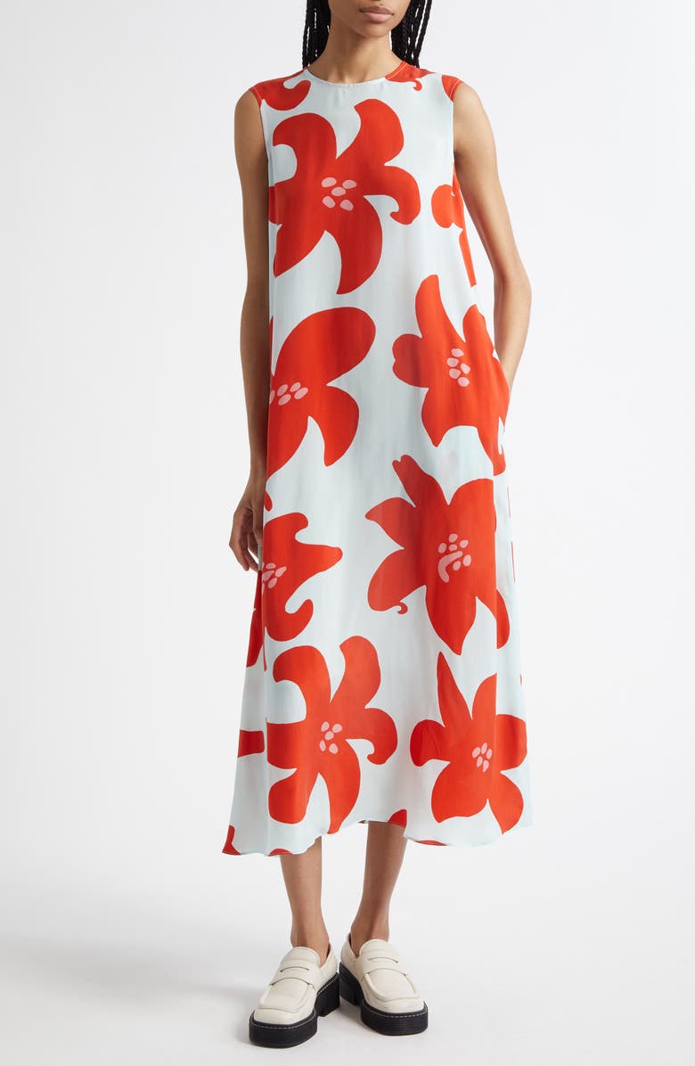 Marimekko Migot Villinarsissi Sleeveless Cupro Shift Dress, Main, color,