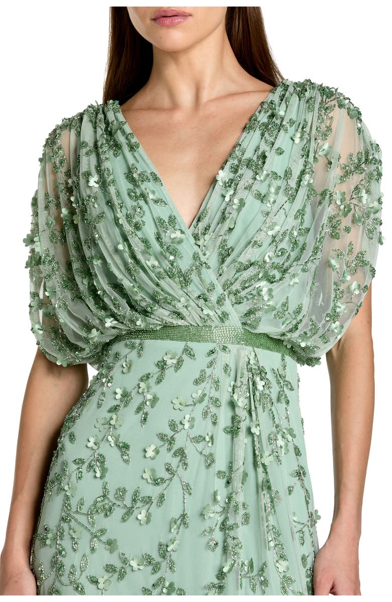 Mac Duggal Beaded V-Neck Short Sleeve Blouson Gown, Alternate, color, Seafoam