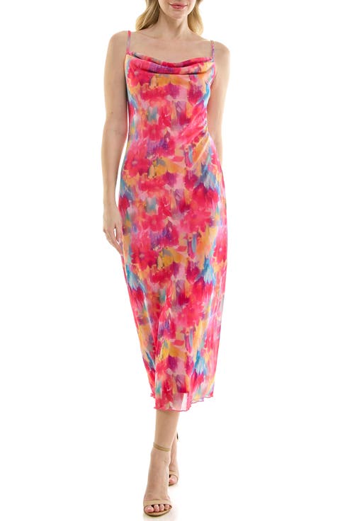 Tropical Mesh Cowl Maxi Dress