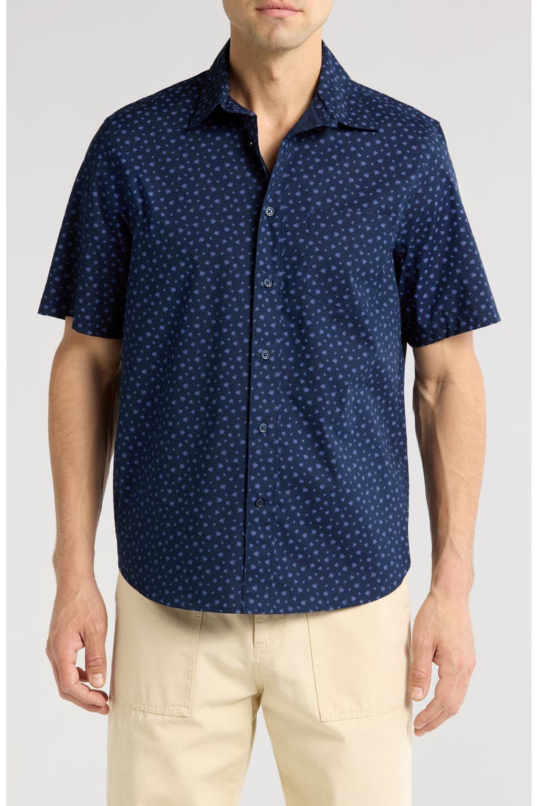 Fish Print Short Sleeve Stretch Poplin Button-Up Shirt, Main, color, NAVY GEO FISH