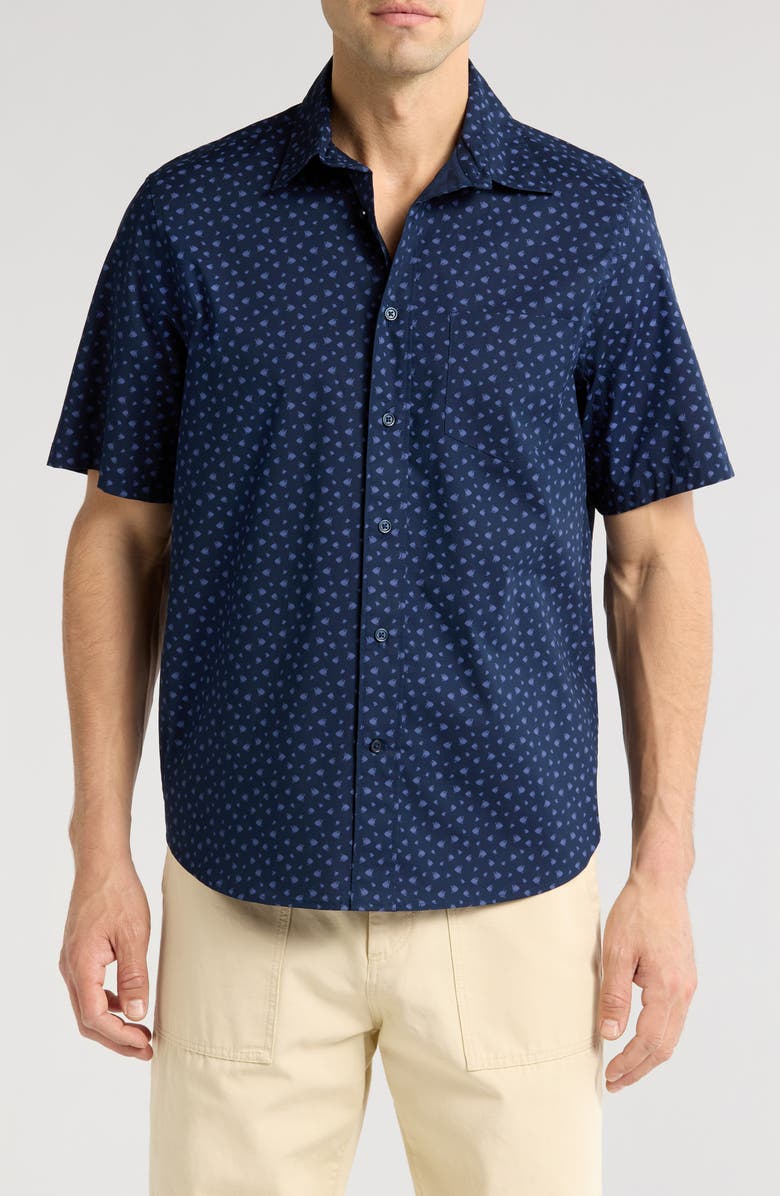 14th & Union Fish Print Short Sleeve Stretch Poplin Button-Up Shirt, Main, color, Navy Geo Fish