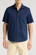 14th & Union Fish Print Short Sleeve Stretch Poplin Button-Up Shirt