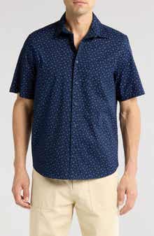 14th & Union Fish Print Short Sleeve Stretch Poplin Button-Up Shirt
