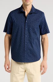 14th & Union Fish Print Short Sleeve Stretch Poplin Button-Up Shirt