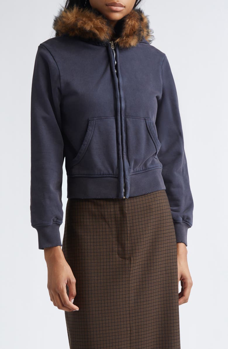 Acne Studios Fuma Organic Cotton Fleece Zip-Up Hoodie with Removable Genuine Shearling Trim, Main, color, Rust Brown/ Navy