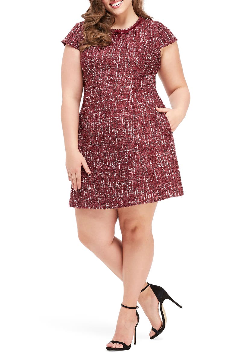 Nell Bouclé Dreams Tweed Fit & Flare Dress, Alternate, color, WINE/ PINK