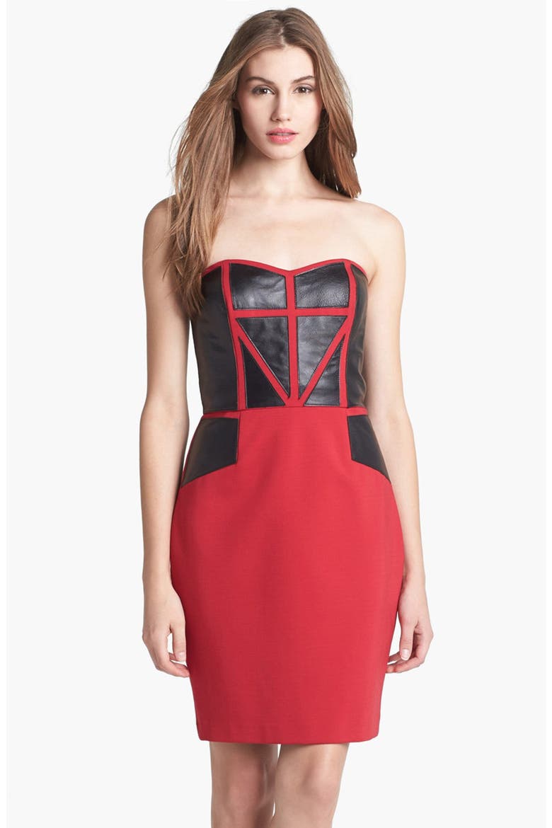 Aidan Mattox Leather Paneled Sheath Dress, Main, color, RUBY