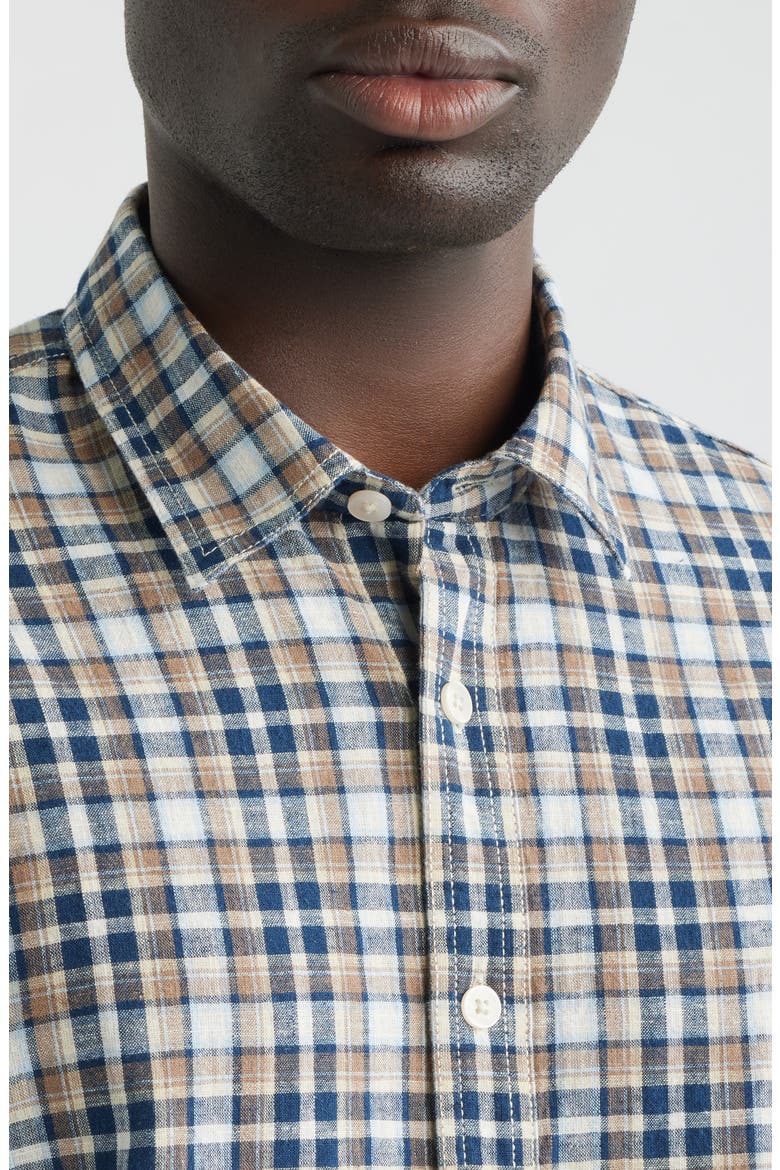 Funchal Regular Fit Plaid Short Sleeve Cotton & Linen Sport Shirt, Alternate, color, BLUE