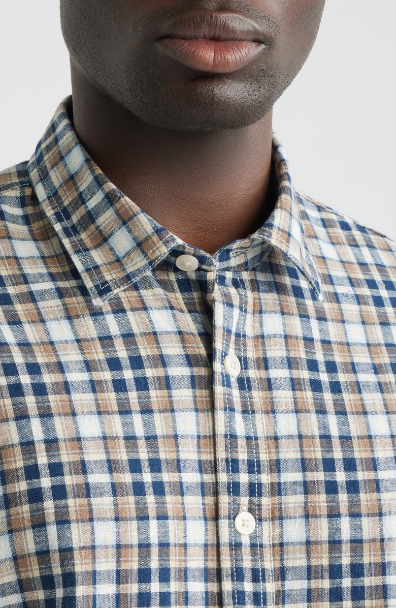 James Campbell Funchal Regular Fit Plaid Short Sleeve Cotton & Linen Sport Shirt, Alternate, color, Blue