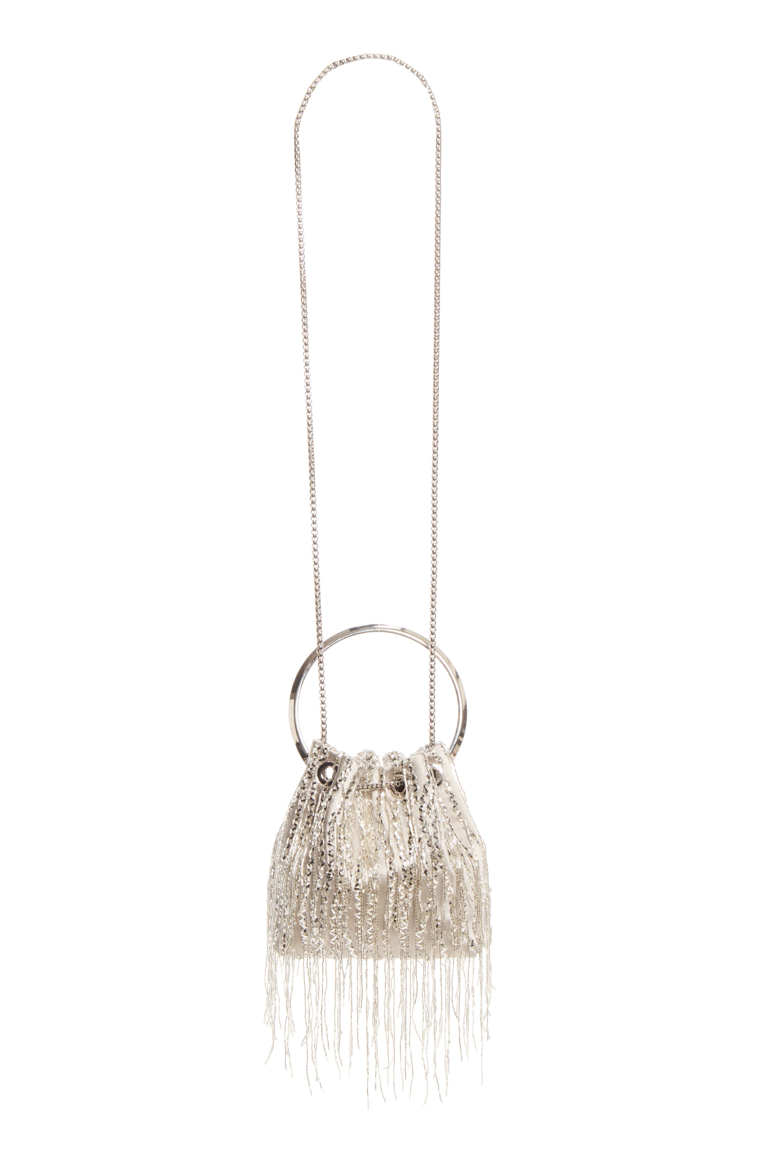 Bon Bon Beaded Fringe Satin Bucket Bag, Alternate, color, SILVER/ SILVER