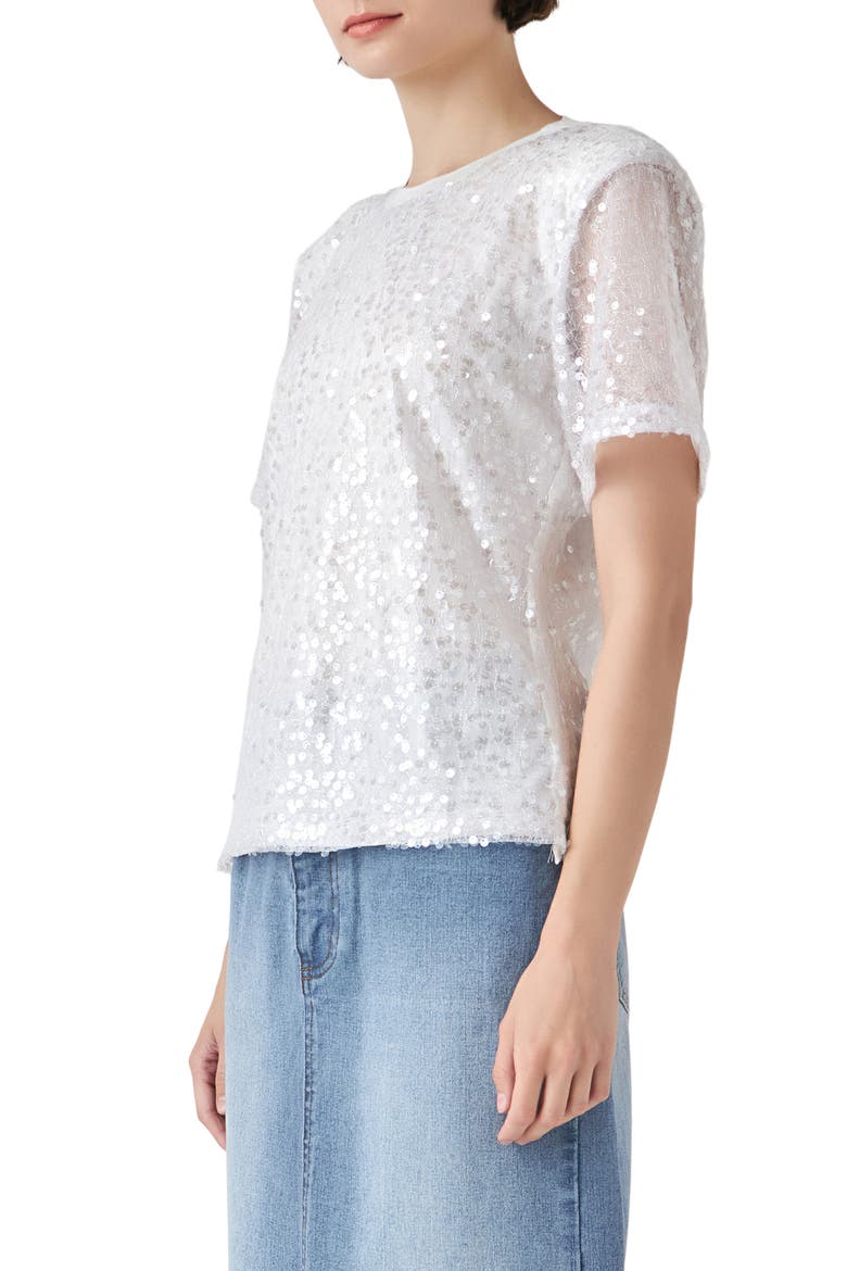 Sequin Padded Shoulder Back Cutout Top, Alternate, color, WHITE