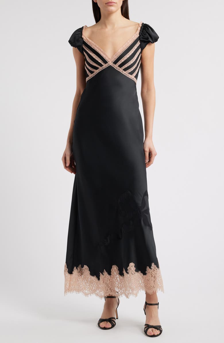 LoveShackFancy Brinkley Lace Trim Satin Dress, Main, color, 