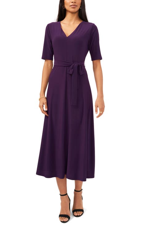 V-Neck Belted Midi Dress