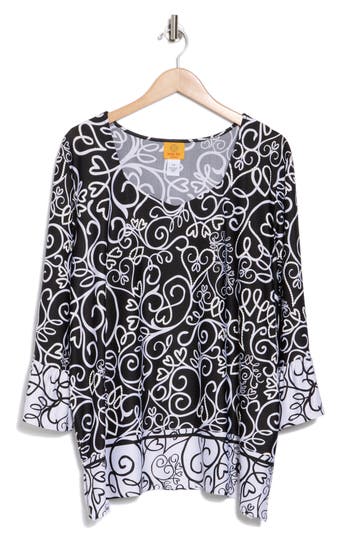 Ruby Rd. Ruby Rd Puff Print Bell Sleeve Top In Black/white