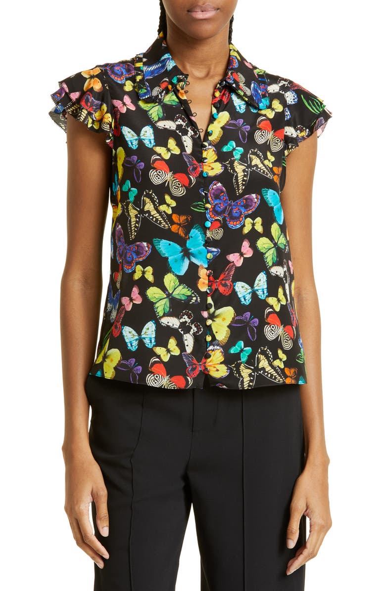Alice + Olivia Martel Butterfly Print Silk Blouse, Main, color,