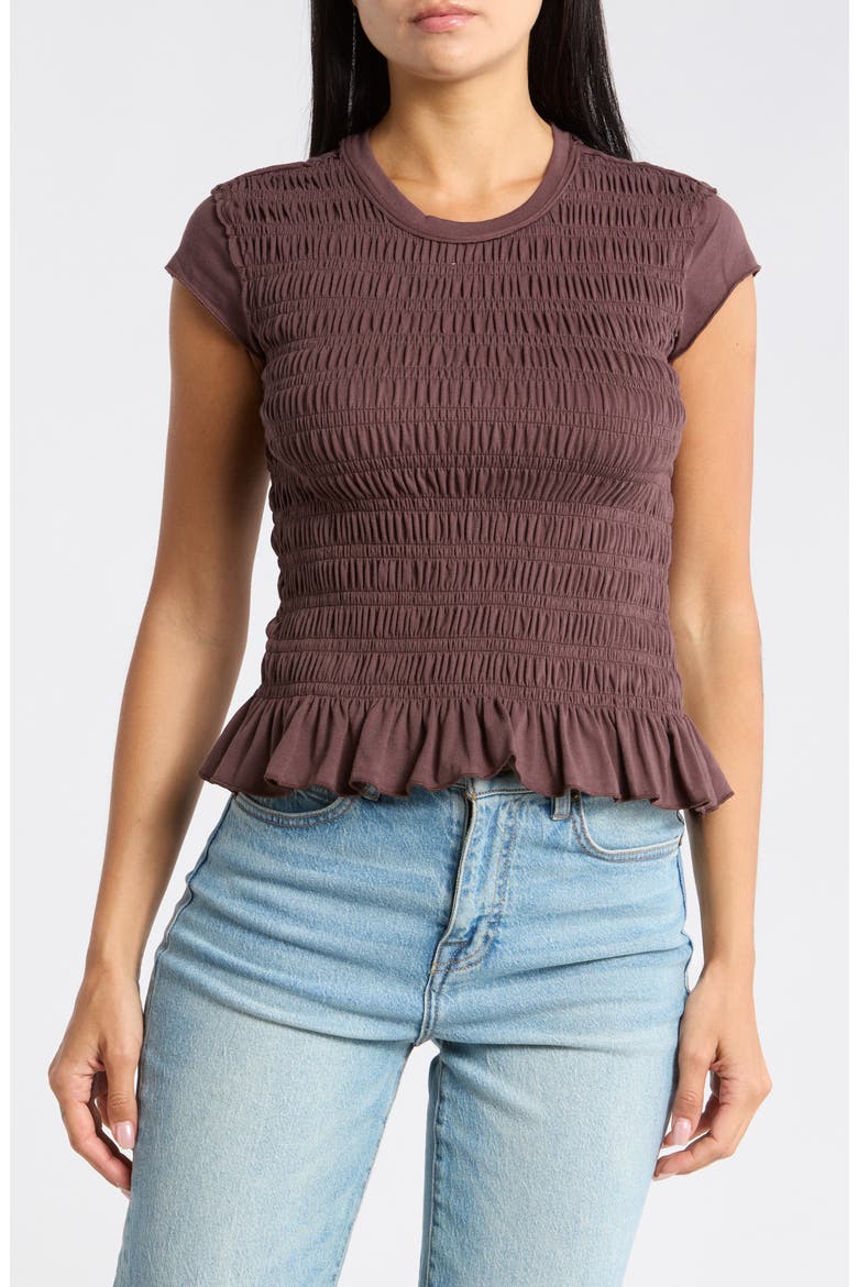 Smocked T-Shirt, Main, color, CHOCOLATE