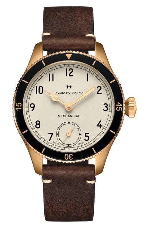 Khaki Aviation Pilot Pioneer Bronze Leather Strap Watch, 43mm