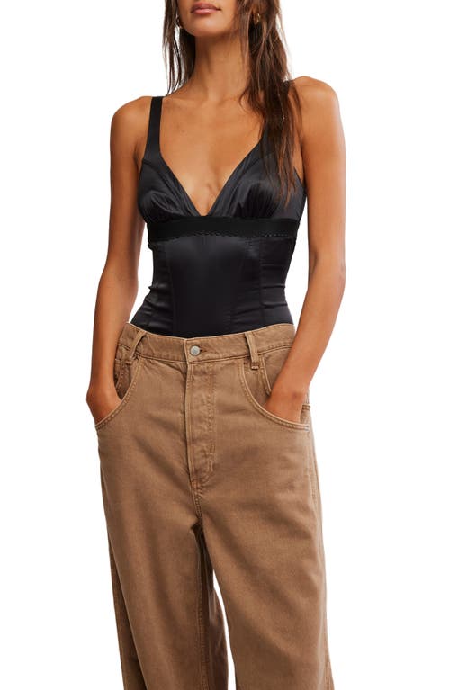 Free People Anywhere With You Stretch Satin Bodysuit In Black