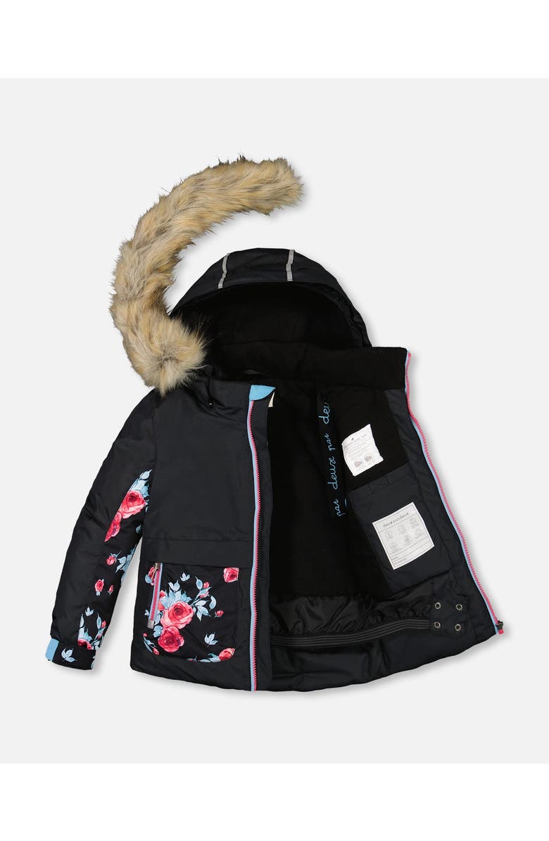 Deux par Deux Girl's Two Piece Snowsuit Black Printed Roses, Alternate, color, 