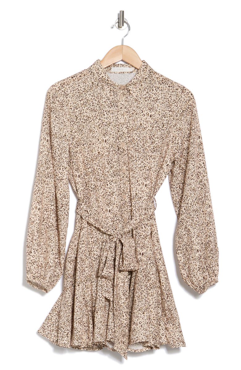 Lush Leopard Print Long Sleeve Shirtdress, Alternate, color, Cream Brown