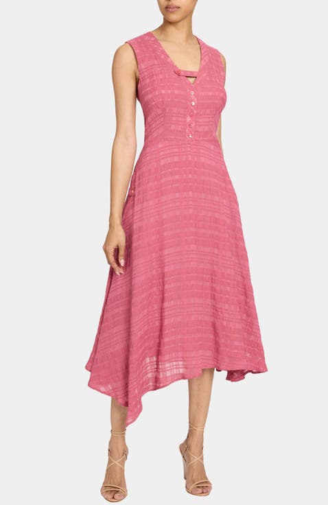 NIA Asymmetric Midi Dress in Laser Cut Linen-Cotton