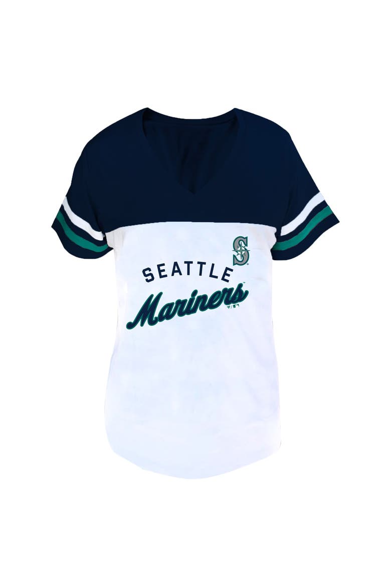 Women's Profile White/Navy Seattle Mariners Plus Size Two-Stripe V-Neck T-Shirt, Alternate, color, White