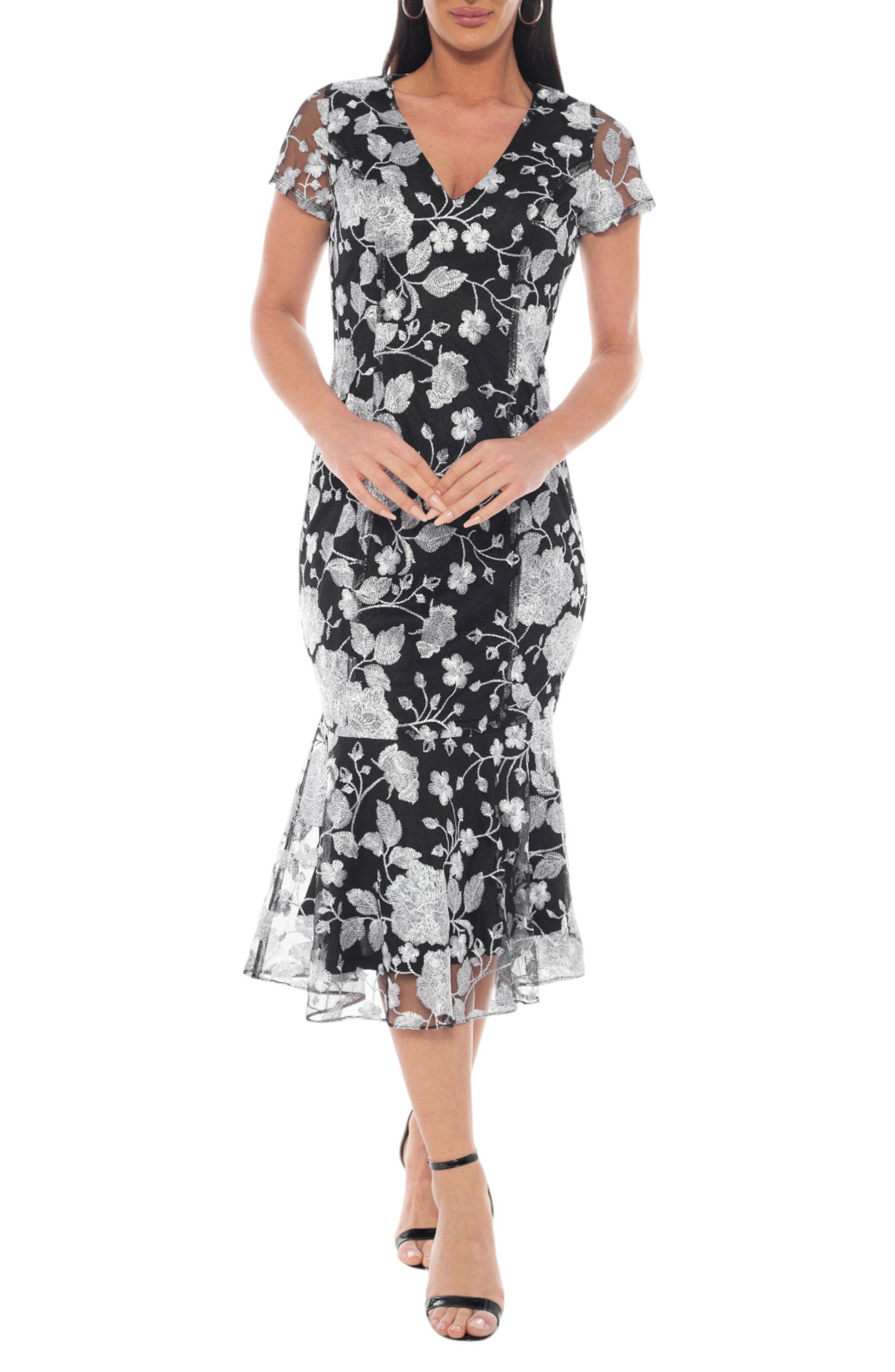 Marina Embroidered Flounce Hem Midi Dress