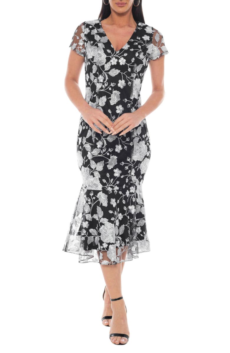 Marina Embroidered Flounce Hem Midi Dress, Main, color, Black / White