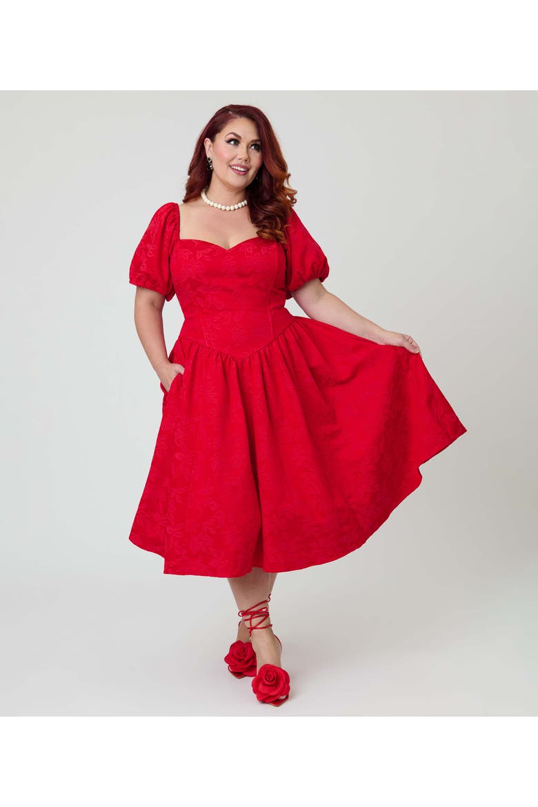 Plus Size Puff Sleeve Swing Dress, Alternate, color, Red Floral Print