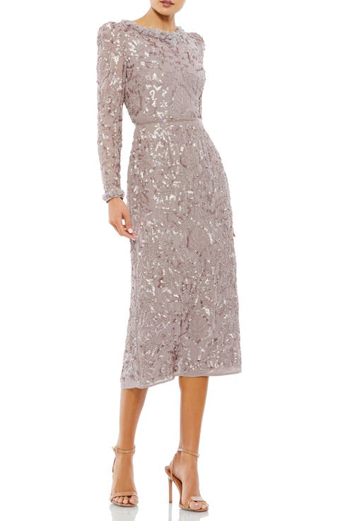 Embellished High Neck Puff Sleeve Fitted Dress