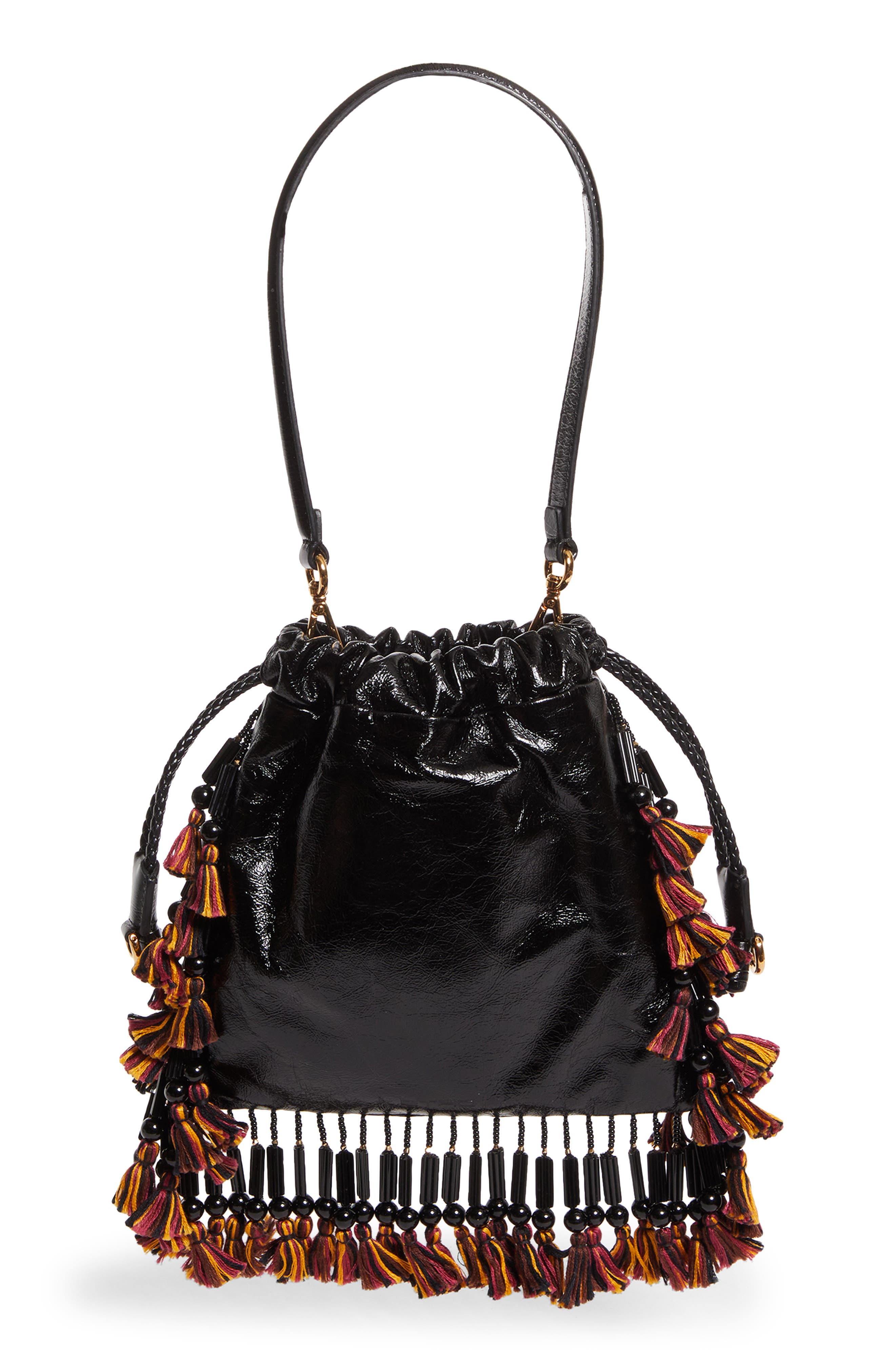 Etro Kalispera Embroidered Fringe Leather Shoulder Bag, Alternate, color, Nero