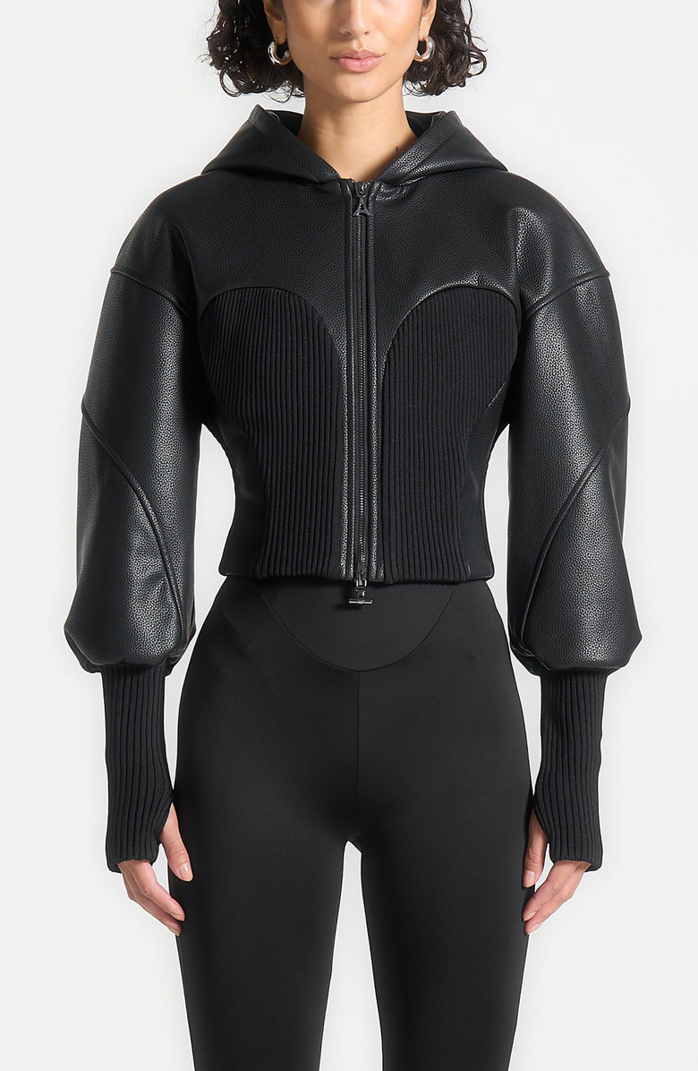 Manière De Voir Amani Hooded Pebbled Leather Contour Jacket, Alternate, color, Black