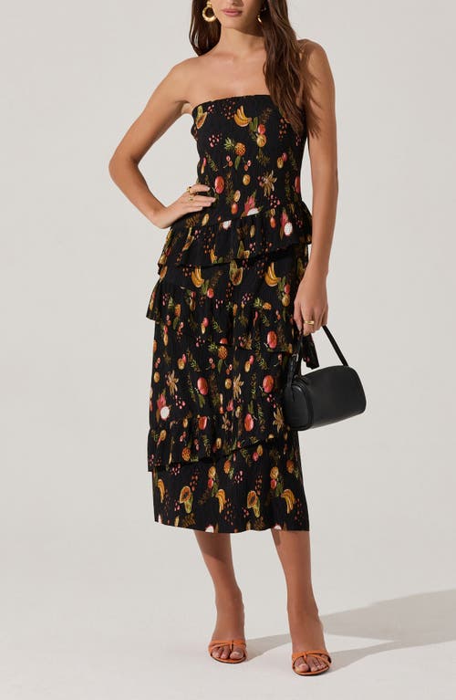 Astr The Label Plissé Asymmetric Tiered Ruffle Strapless Midi Dress In Black Fruit Print
