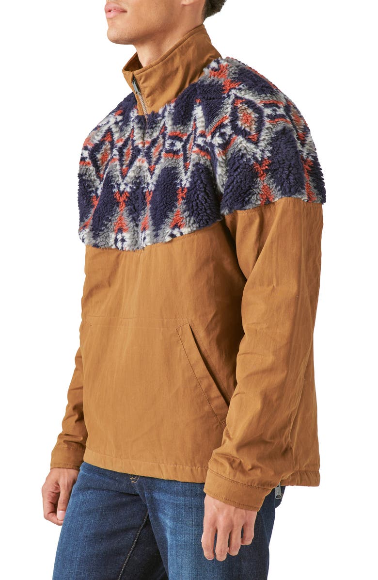 Lucky Brand Print Faux Shearling & Cotton Anorak, Alternate, color, Khaki